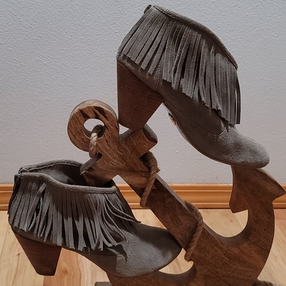Betsey Johnson Shoes - BETSEY JOHNSON YOLA SUEDE FRINGED ANKLE BOOTS TAUPE WOMENS HEELED SHOES 9.5